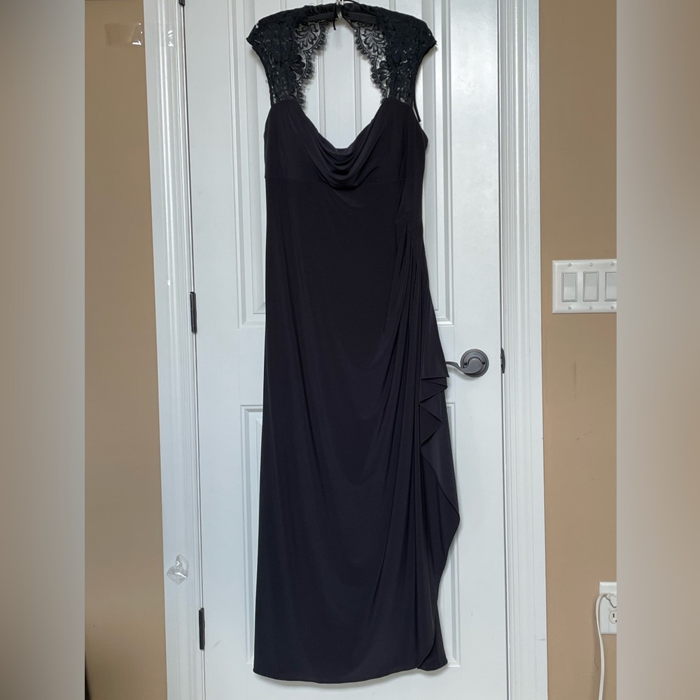 18 XSCAPE by Joanna Chen 18 Black Empire Lace-Back with Cowl Neck Evening Dress
